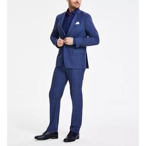 MICHAEL KORS Mens 2-pc Suit 44L Classic-Fit Wool-Blend Blue‎ Checked E071069